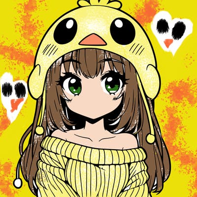 anime girl with chick shaped hat with sweater with bare shoulders with bangs covering them one eye with low tail
