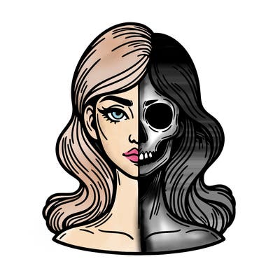 bust of a woman, half face and hair, half skull
