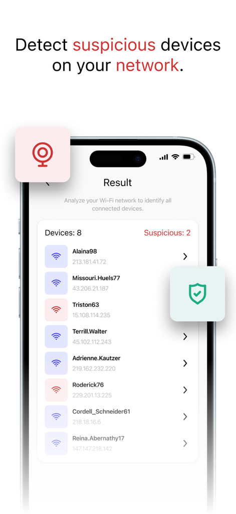 Device Detect - Scanner Secret - Mobile app interface displaying a list of connected devices on a Wi-Fi network with flags for suspicious activity.