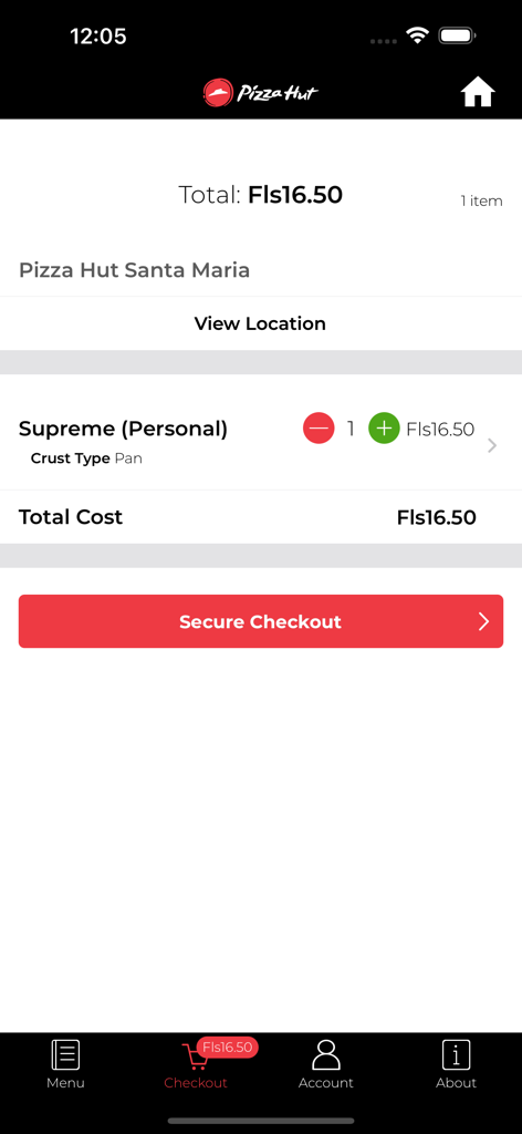 Página de pago de la aplicación móvil Pizza Hut Curacao que muestra un pedido de pizza personal Supreme y el costo total