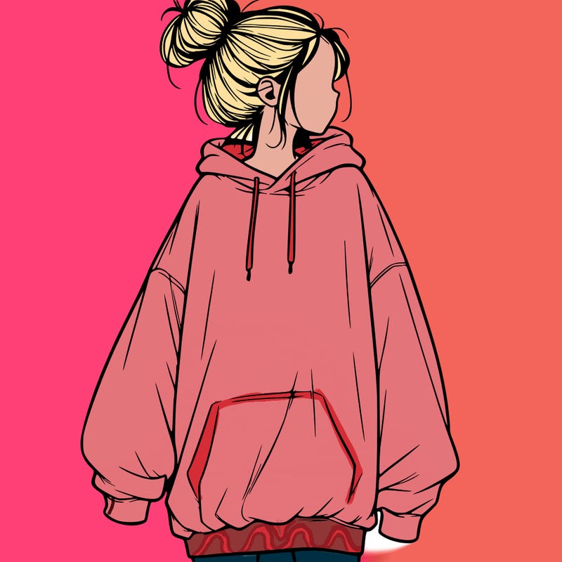 realistic girl with a oversized sweatshirt on and a bun