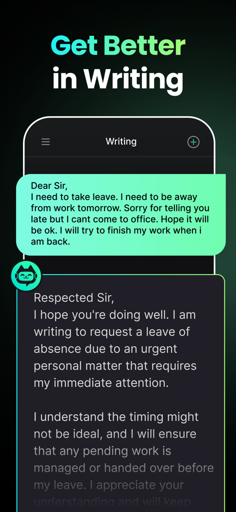 TutorCat - AI Homework Help - TutorCat app interface showing how AI helps students improve their writing skills.