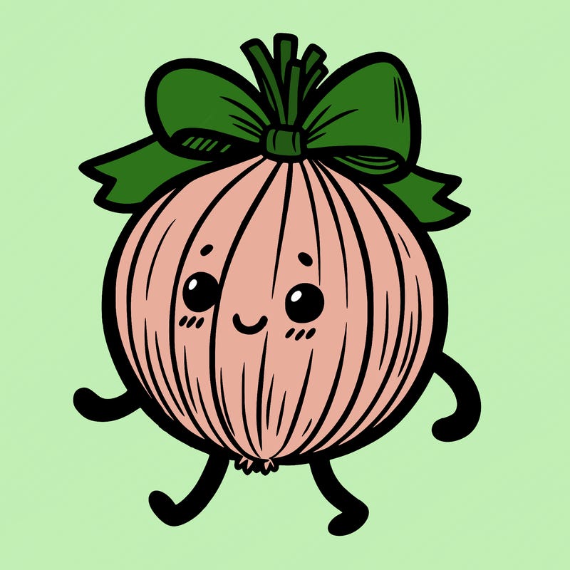 onion with legs and bow