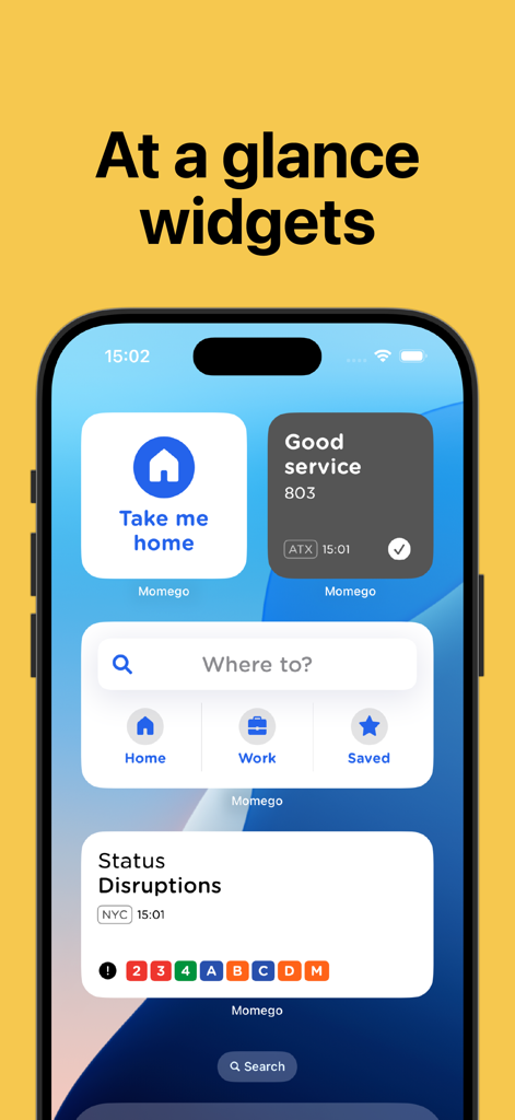Manchester Bus & Tram - Widgets de l'écran d'accueil iOS pour l'application Manchester Bus and Tram montrant le statut du transport et les raccourcis de navigation