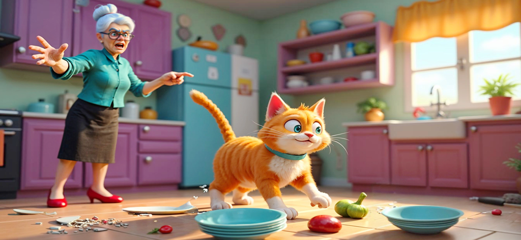 Granny With Cat - A grandmother reacting to her mischievous ginger cat in a colorful kitchen with broken plates