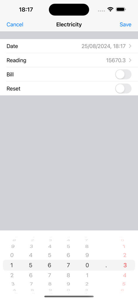 Meter Readings - Electricity meter reading entry screen with a numeric picker for data input