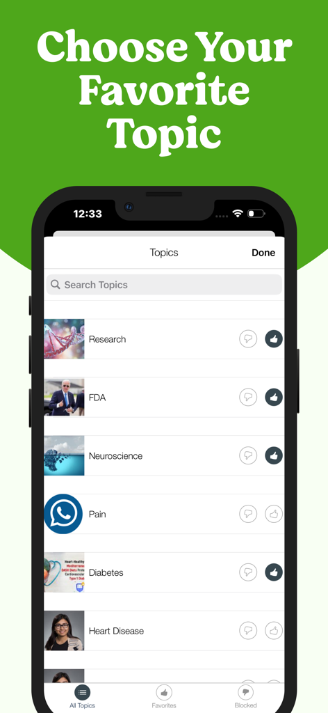 Interfaz de la aplicación móvil que muestra una lista de temas de salud y medicina para seguir como Investigación, FDA y Diabetes