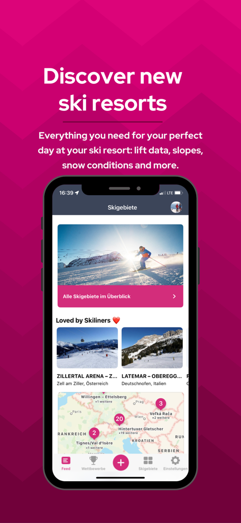 Skiline - The Skiline mobile app interface showing a map of ski resorts with lift and snow data.