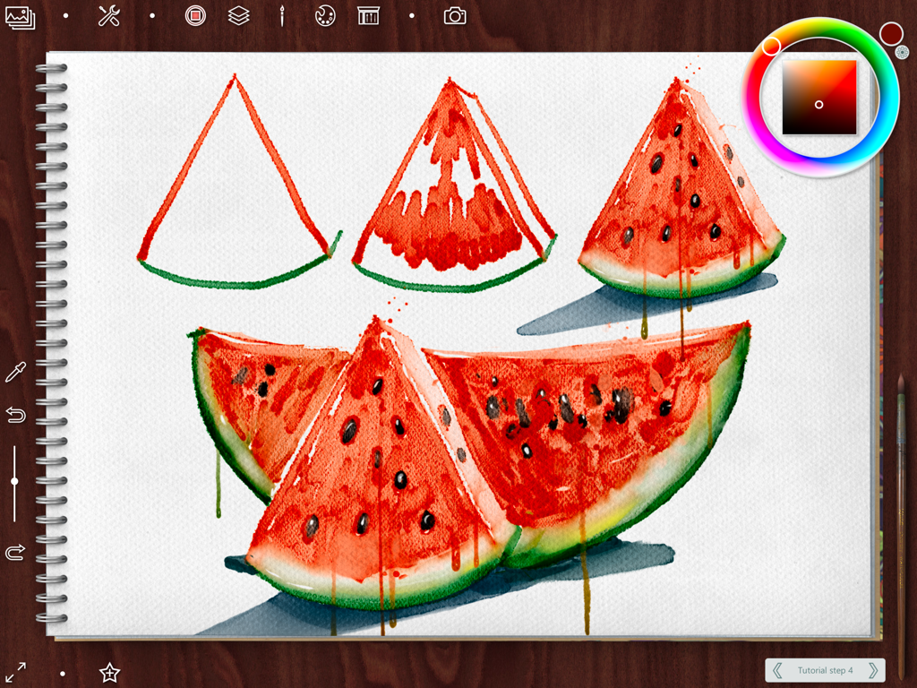 Realistic Paint Studio - Tutorial de acuarela digital que muestra los pasos para pintar rodajas de sandía realistas en un cuaderno de bocetos.