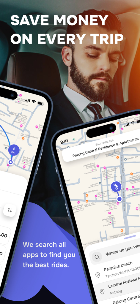 HeyTaxi: Taxi Aggregator - HeyTaxi app interface showing map and ride search for comparing prices to save money on trips.