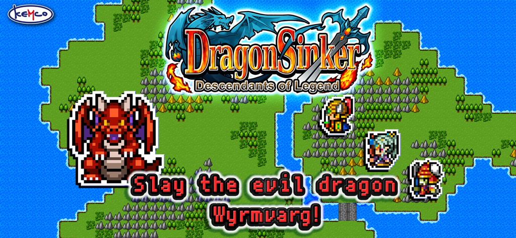 [Premium] RPG Dragon Sinker - RPG Dragon Sinkerのレトロ8ビットグラフィック。ピクセルアートのキャラクターとワールドマップ上の赤いドラゴンが表示されています。