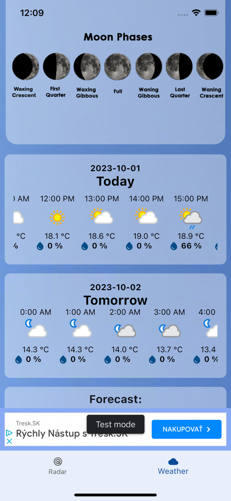 Weather radar Europe - Interface of Weather radar Europe app displaying moon phases and hourly weather forecast