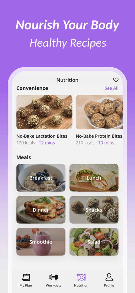 FitMama: Pregnancy Workout - Pantalla de nutrición de la app FitMama con recetas saludables para el embarazo y el posparto
