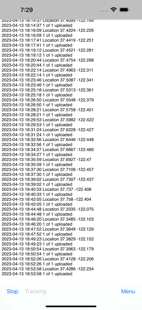 A technical log screen showing timestamped GPS coordinates and successful data upload status
