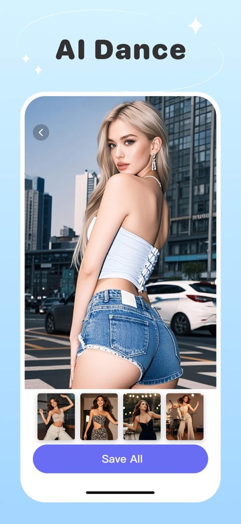 Interfaz de la aplicación PIX plus mostrando la función AI Dance con una mujer en una calle de la ciudad y miniaturas de baile