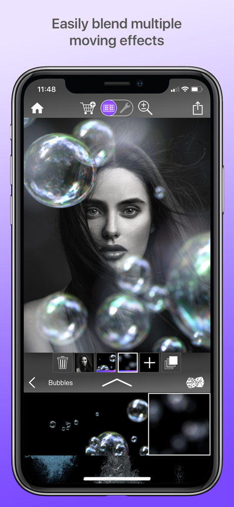 Interfaz de la app Werble mostrando efectos de burbujas en movimiento que se mezclan en un retrato en blanco y negro