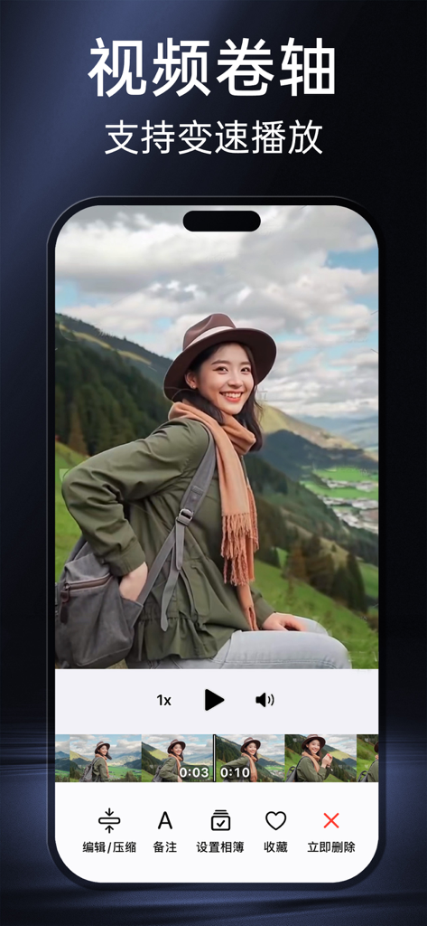 相册助手 - 丝滑有趣,无痛整理 - Interfaz de la aplicación Photo Assistant que muestra un carrete de video con controles de velocidad de reproducción y botones de gestión de archivos.