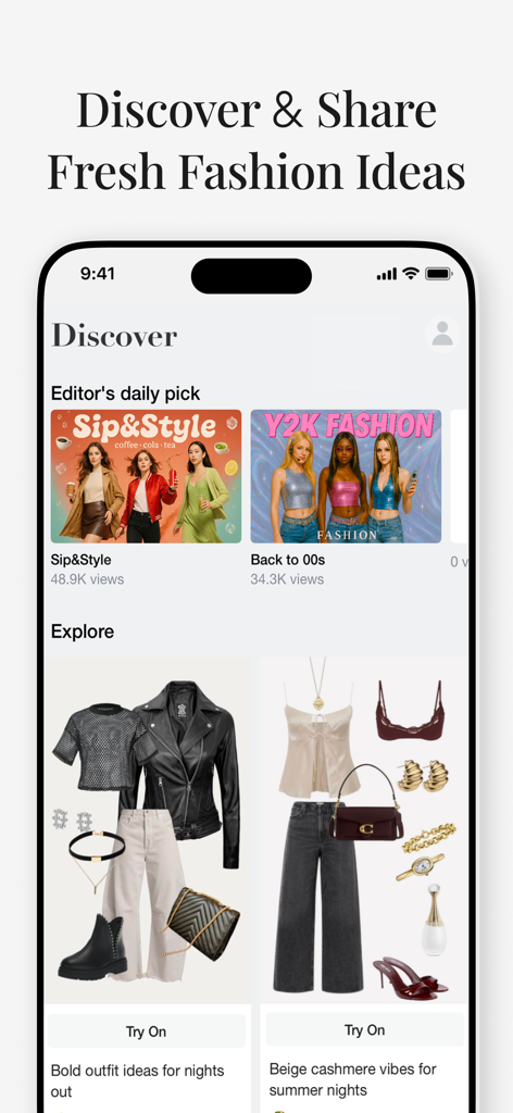 Gensmo: AI Stylist & Try-On - Interface do aplicativo Gensmo mostrando o feed Descobrir com looks selecionados e opções de experimentação virtual