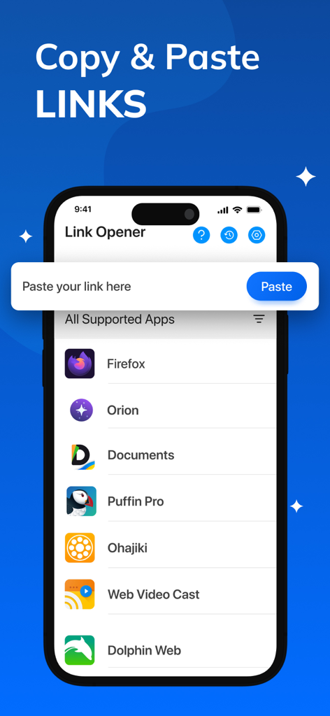 Link Opener: Save All URLs - Link Opener app screen showing a link paste field and a list of supported browser apps including Firefox and Dolphin Web.