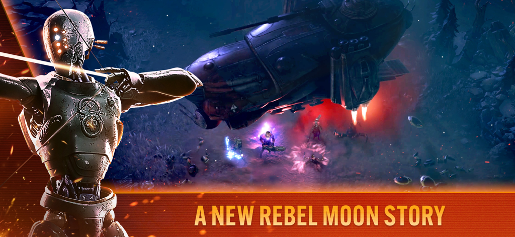 Blood Line: A Rebel Moon Game - Cinematic battle scene from Blood Line A Rebel Moon Game featuring a robot sniper and a hovering spaceship