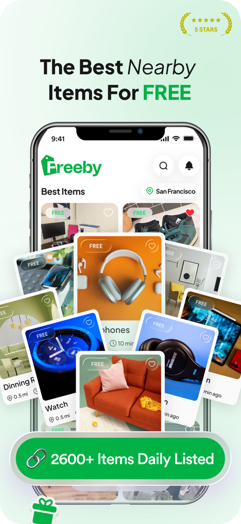 Freeby app interface showing various free items like furniture and electronics available nearby