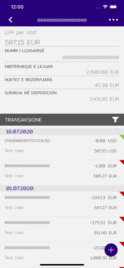 Mobile banking interface of mKlik NLB Kosova app showing account balance and recent transaction history in Euro