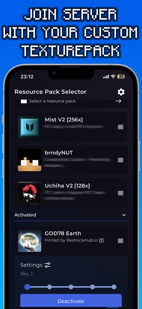 BedrockConnect - Interface of the BedrockConnect app showing the resource pack selector for custom Minecraft texture packs.