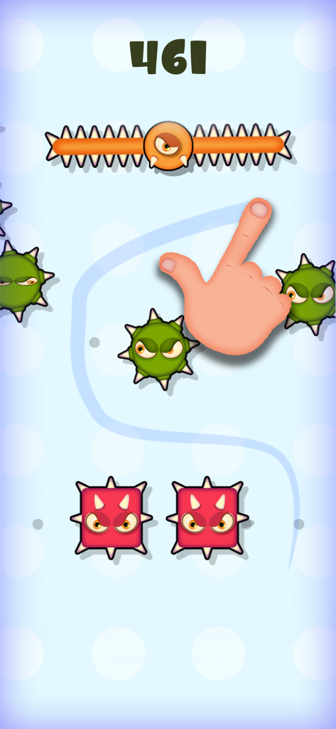 Una captura de pantalla del juego Mmm Fingers que muestra el dedo de un jugador esquivando monstruos coloridos con púas para lograr una puntuación alta.