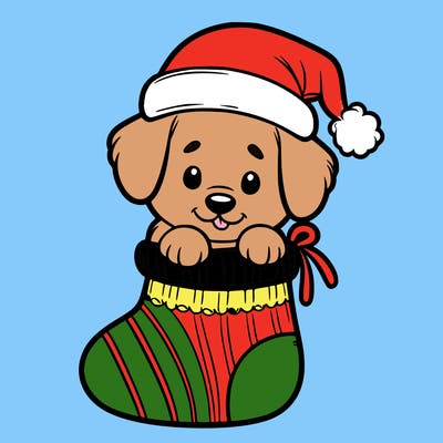 cute puppy wearing santa hat in socking