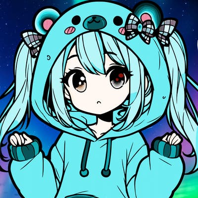 cute anime girl with ponytails and a cute bear hoodie
