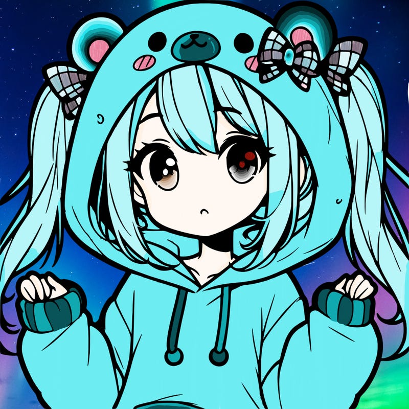 cute anime girl with ponytails and a cute bear hoodie