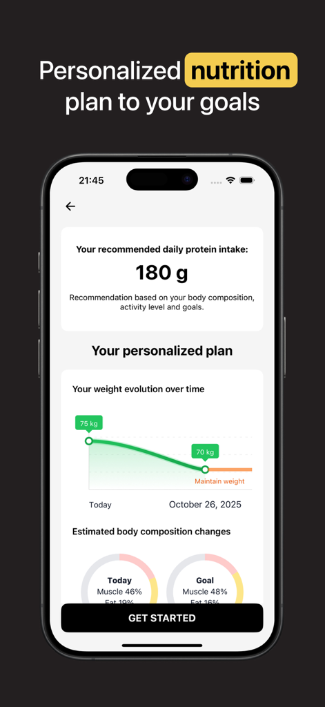 Protein AI - Protein Tracker - Mobile app screen showing a personalized nutrition plan with a daily protein goal of 180g and a weight evolution chart