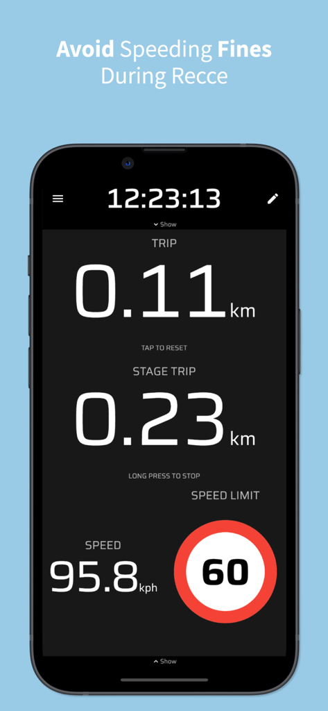 Rally Tripmeter - Rally Tripmeter interface showing speed and distance tracking