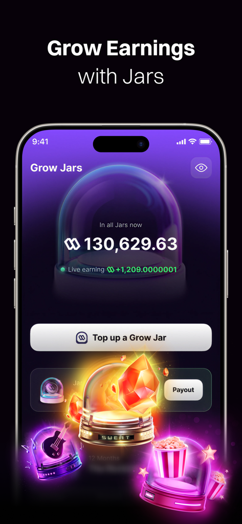 Sweat Wallet app interface showing the Grow Jars feature for earning crypto rewards through staking