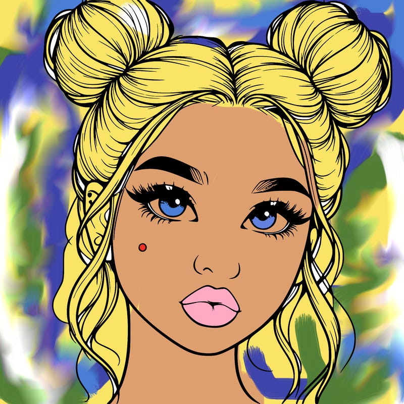 realistic girl with two buns on her hair and lips