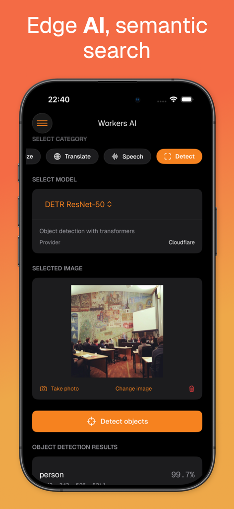 Clouder for Cloudflare - Cloudflare用Clouderアプリのインターフェースで、Workers AIオブジェクト検出機能が写真内の人物を識別している様子が表示されています。
