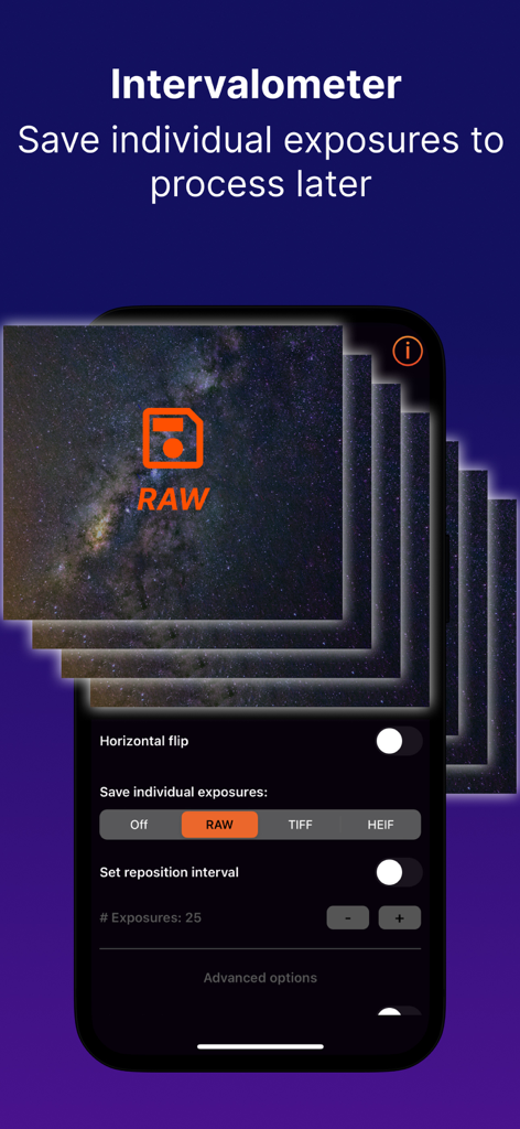 AstroShader - Interfaz de AstroShader que muestra la configuración del intervalómetro para guardar exposiciones RAW individuales para astrofotografía.