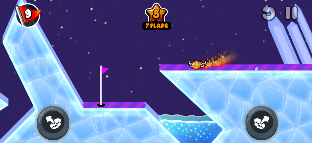 Gameplay screenshot of Super Flappy Golf showing a flaming birdie character navigating an icy mountain course at night.