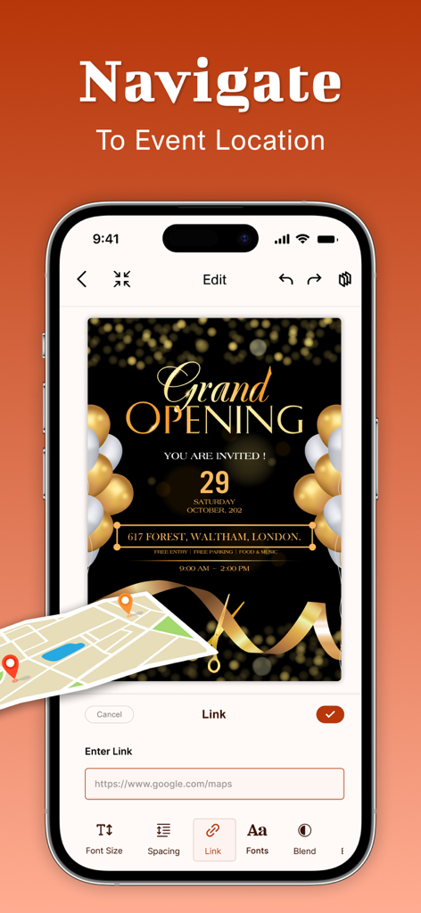 Invitation Maker-RSVP,Greeting - Interfaz de una aplicación creadora de invitaciones que muestra cómo añadir un enlace de mapa a una tarjeta de gran inauguración