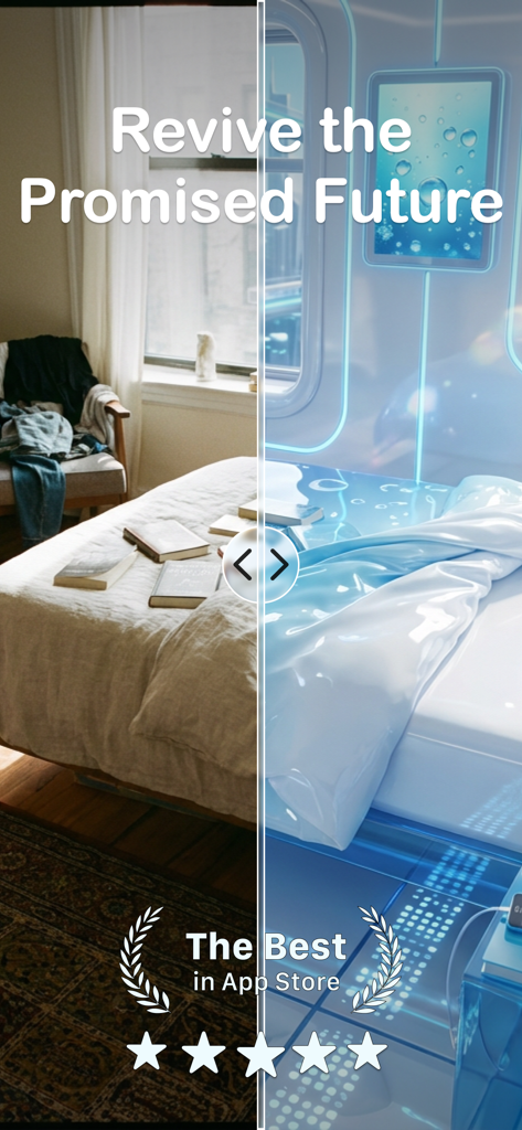 Aesthify: Frutiger Aero AI Art - A split screen showing a bedroom before and after being transformed into a glossy futuristic Frutiger Aero style with AI