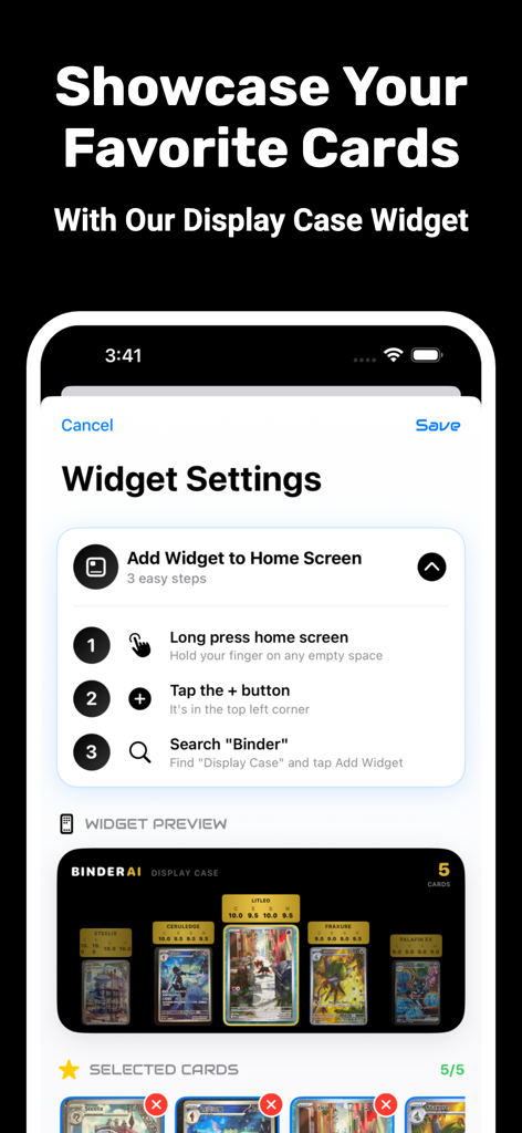 Binder AI: Card Grading Tool - Interface showing instructions to add the Binder AI display case widget to a mobile home screen with a preview of graded trading cards