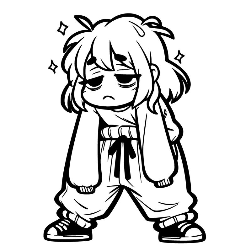 tired girl with baggy clothes