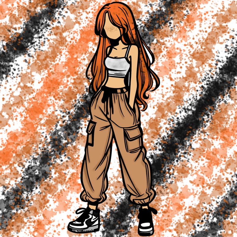 girl in baggy pants crop top and long hair