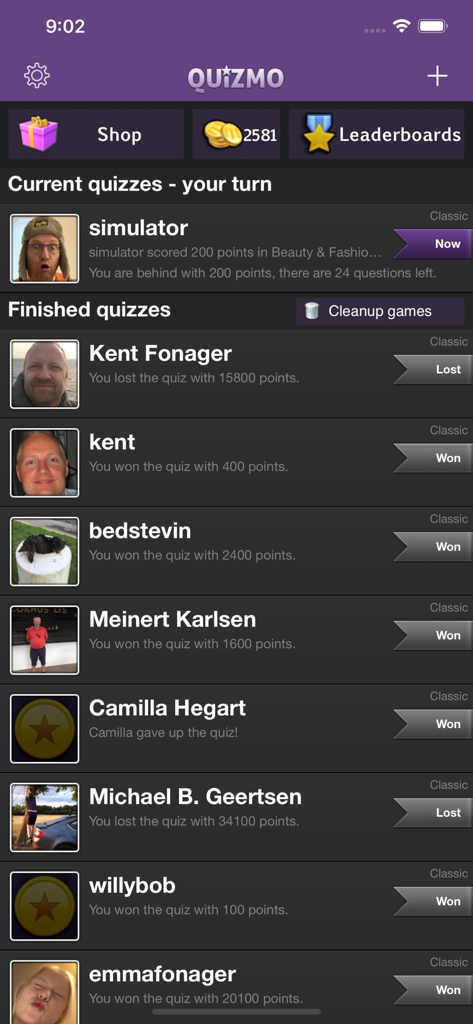 Quizmo - Main screen of Quizmo trivia app showing active and finished quiz matches against friends