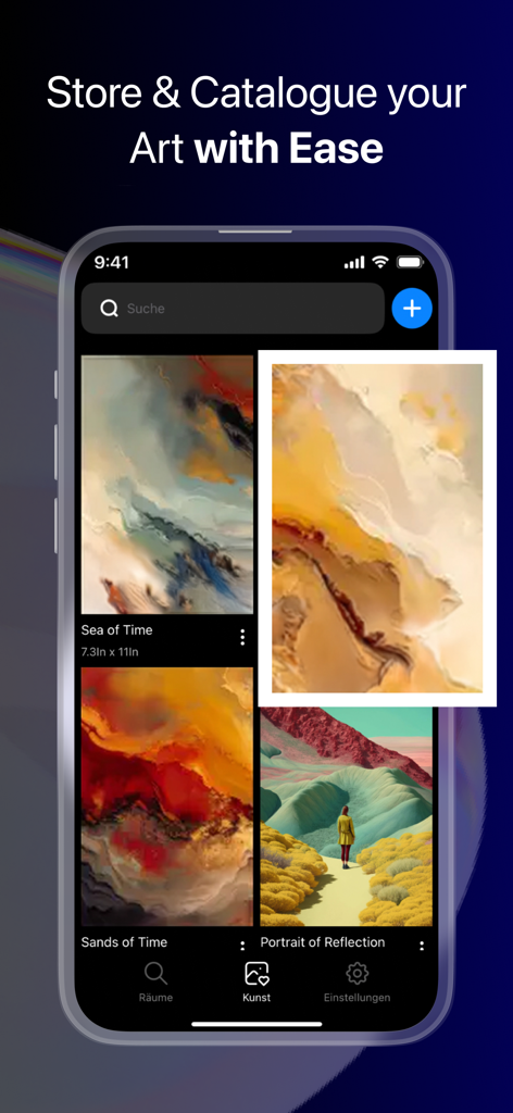 ArtStage: Preview your Artwork - A mobile interface of the ArtStage app showing a digital catalog of an artist's paintings with titles and dimensions.