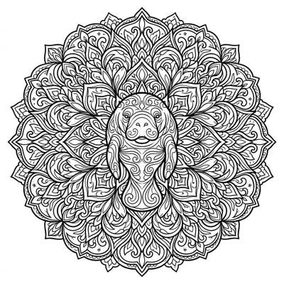 Discover a truly unique coloring design featuring a peaceful manatee nestled within a complex gothic mandala. This template combines the serene beauty of the sea with dark, elegant symmetry.