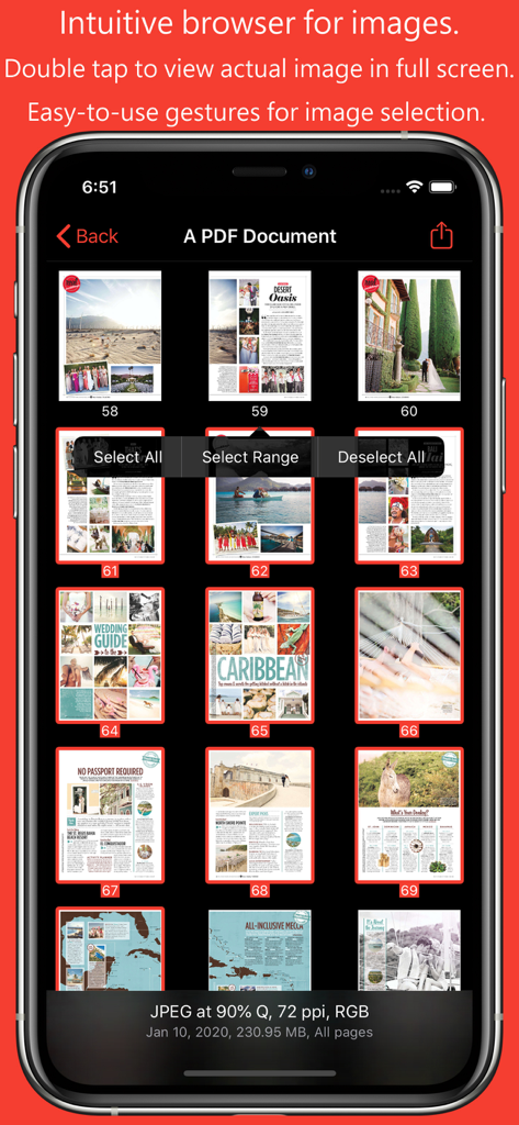 PDF to JPG - Converter - Miniaturansicht-Browser, der konvertierte Bilder aus einem PDF-Dokument auf einem mobilen Gerät anzeigt