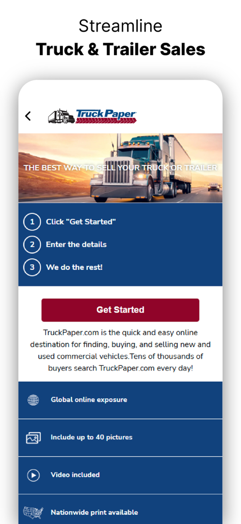 TruckPaper: Trucks For Sale - TruckPaper app interface showing the easy three-step process to sell commercial trucks and trailers.