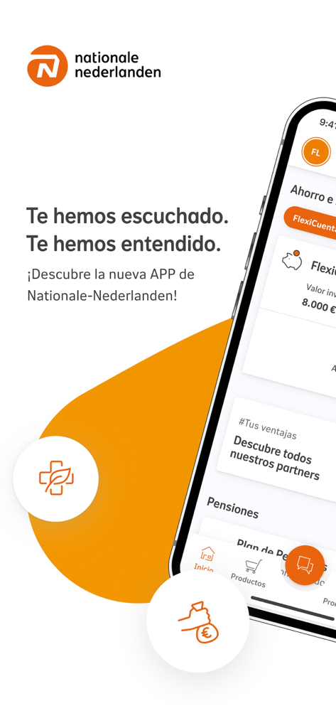 Una pantalla de smartphone que muestra la aplicación móvil Nationale-Nederlanden España para gestionar seguros y ahorros