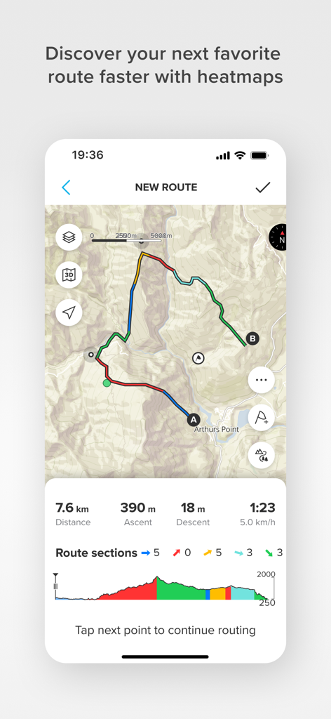 Suunto app screen showing route planning on a topographic map with elevation profile and distance metrics